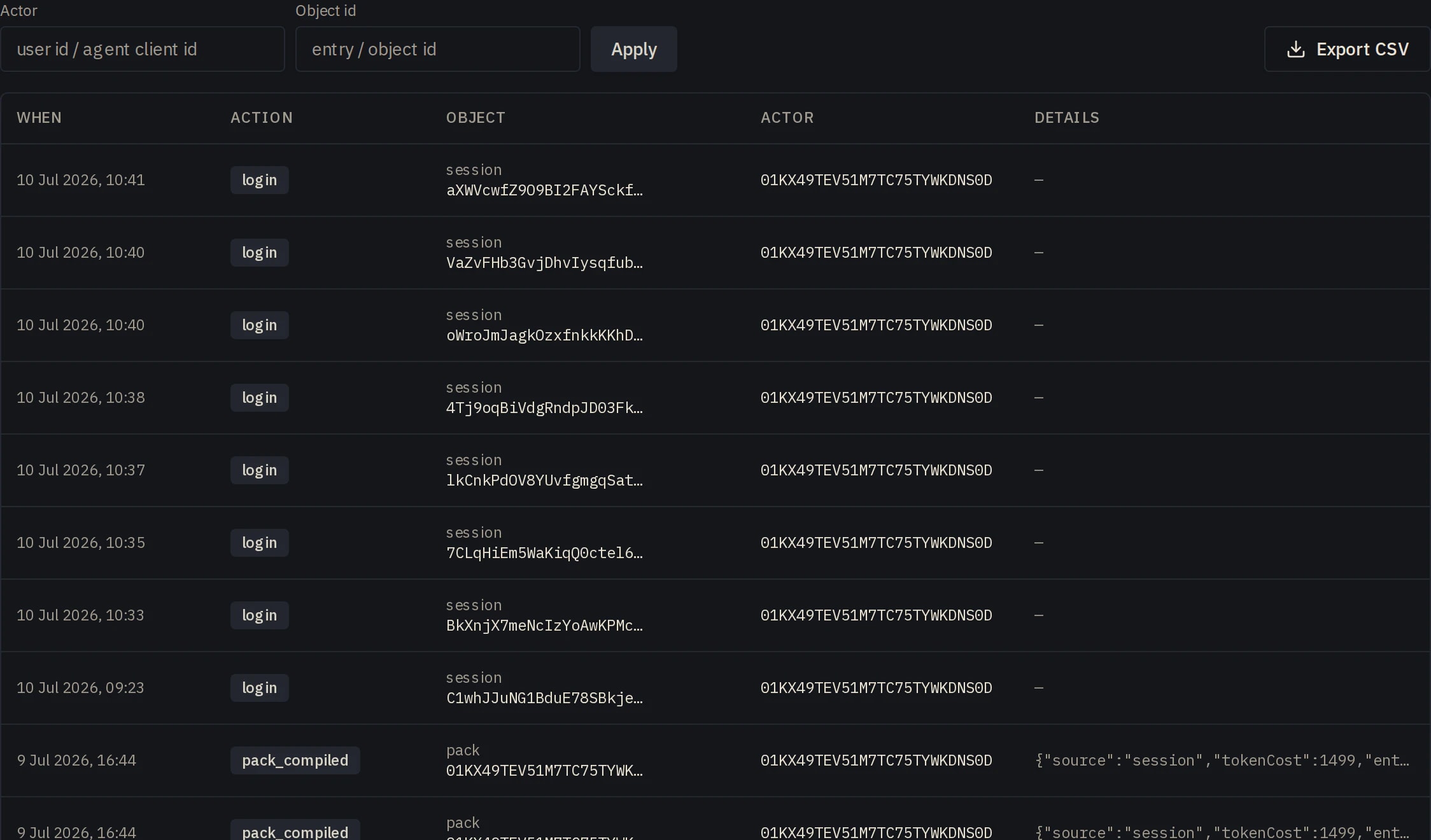 The Lore Index audit log recording every action taken on the registry