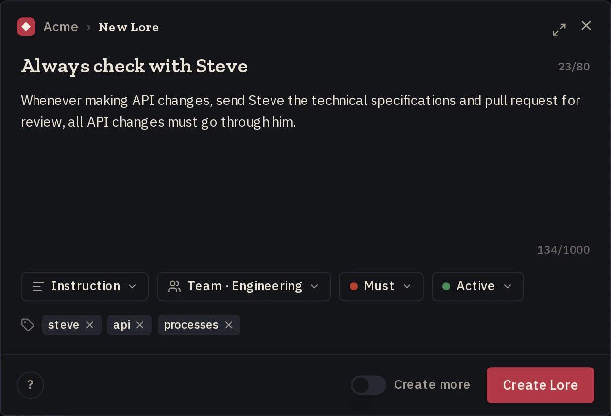 A Lore entry showing its title, scope, category, and approved body