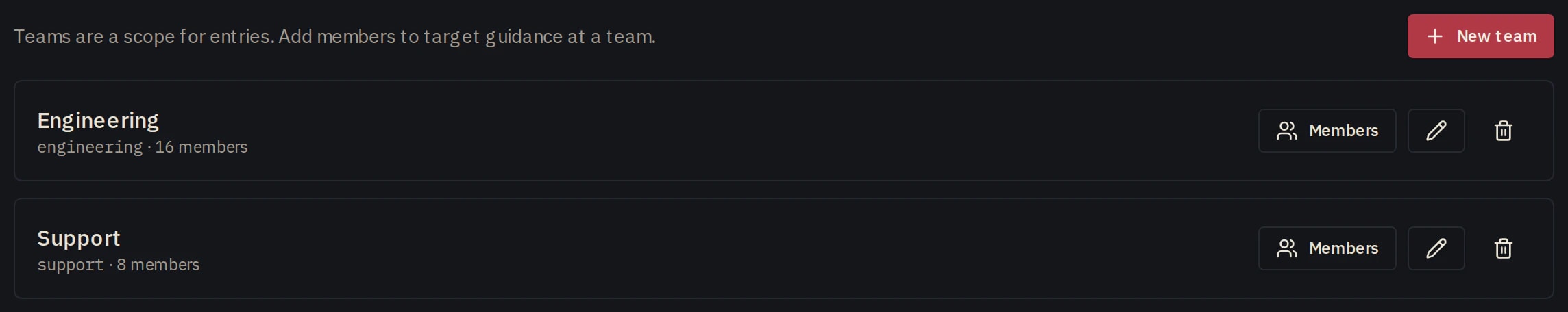 The teams screen where each team sees only its own scoped Lore